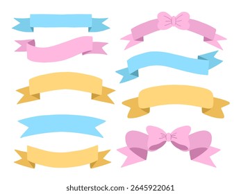 Flat Style Pastel Ribbon and Bow Icon. A playful collection of flat pastel ribbon and bow illustrations in pink blue and yellow with soft folds curves. Perfect for cards packaging tags and decoration