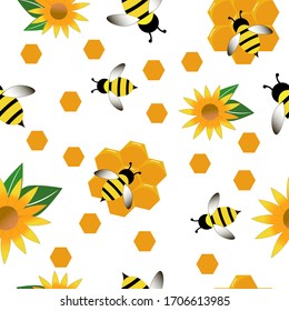In flat style pattern. Cartoon vector illustration of bee, wasp, honey on white background. 