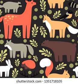 Flat style pattern with deer, fox, bear, squirrel, bird, wolf, hare, hedgehog. Vector seamless background of forest animals with elements (leaves)