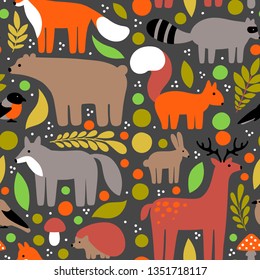 Flat style pattern with deer, fox, bear, squirrel, bird, wolf, hare, hedgehog. Vector seamless background of forest animals with elements (leaves)
