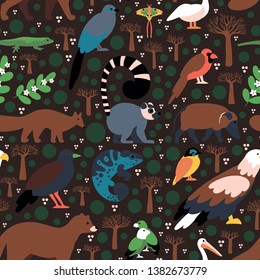 Flat style pattern with Madagascar animals. Vector seamless background