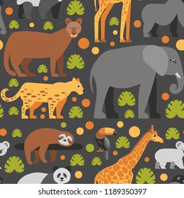Flat style pattern with Panda, Toucan, Koala, Giraffe, Elephant and other types of tropical animals. Vector seamless pattern of Tropical animals with flowers and leaves.