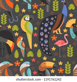 Flat style pattern with Toucan, Peacock, Bird of Paradise, Flamingo and other types of birds. Vector seamless pattern of Tropical birds with flowers and leaves.