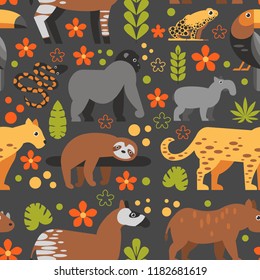 Flat style pattern with Toucan, Sloth, Okapi, Jaguar and other types of tropical animals. Vector seamless pattern of Tropical animals with flowers and leaves.