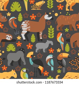 Flat style pattern with Toucan, Sloth, Okapi, Jaguar and other types of tropical animals. Vector seamless pattern of Tropical animals with flowers and leaves.