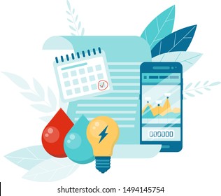 Flat style payment of utility bills concept. Vector illustration. Utility bills and saving resources concept.