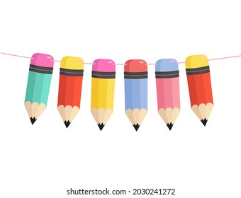 Flat style pencils garland. Colorful decor element for back to school, graduation party, invitation, prints, classroom etc. Vector illustration. Green, red, yellow, blue and pink cartoon pencils.
