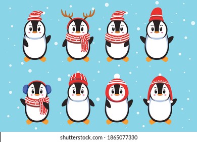 flat style of Penguin wearing winter hat and scarf