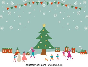 flat style people and Christmas tree 