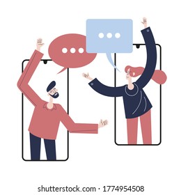 Estilo plano. la gente se comunica en línea usando un smartphone. Noticias Sociales. Chat en Internet. Hombre con burbujas de habla.  Trato de negocios. 