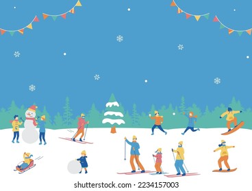gente de estilo plano jugando en la nieve