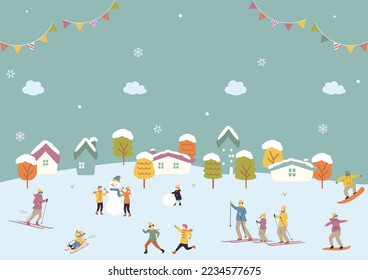 gente de estilo plano jugando en la nieve