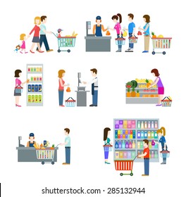 Flat Style People In Shopping Mall Supermarket Grocery Shop Figure Icons. Web Template Vector Icon Set. Lifestyle Situations Icons. Family Holiday Weekend With Cart Cash Desk Fruit Vegetable Weighting