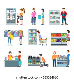 Flat Style People In Shopping Mall Supermarket Grocery Shop Boutique Icons. Web Template Vector Icon Set. Lifestyle Situations Icons. Family Friends Holiday Weekend Cart Cash Desk Clothes Fitting