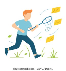 Flat Style Person Chasing Envelope with Net Illustration Design