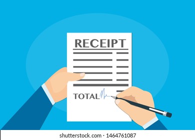 Flat style of person putting signature of paper of receipt against blue background