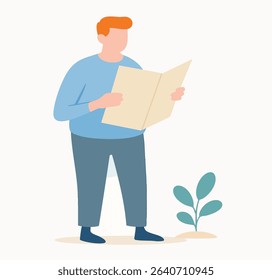 Flat Style Person Reading a Book Illustration Cartoon Character