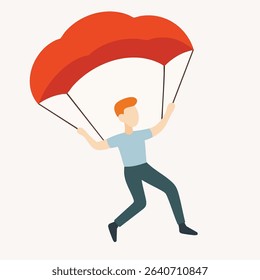 Flat Style Person Using Parachute in Mid Air Adventure Illustration