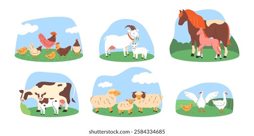 Flat style pets. Farming concept, eco livestyle. Pets walking on a green field