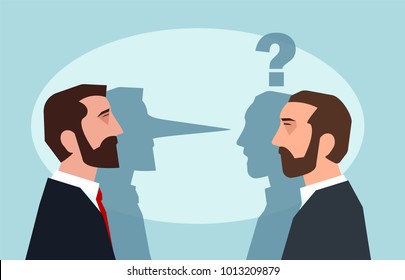 Flat style picture of businessman lying to another man leading business dishonestly. 