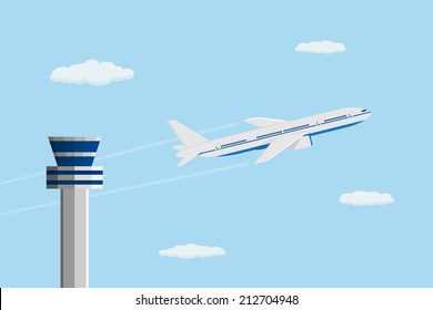 flat style picture of civilian plane in front of control tower, traveling and transportation concept
