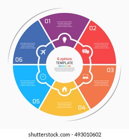Flat style pie chart circle infographic template with 6 options, steps, parts, processes. Vector illustration.