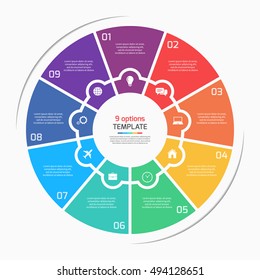 Flat style pie chart circle infographic template with 9 options, steps, parts, processes. Vector illustration.