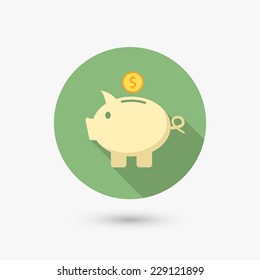 Flat Style Pig Bank Icon With Long Shadow. Isolated On White Background. Vector Illustration, Eps 10.