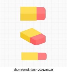 Flat Style Pink Eraser or Rubber With Yellow Wrap In Different Views Isolated On White Grid Background