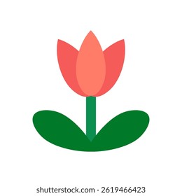 Flat Style Pink Flower with Green Leaves on White Background