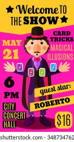 Flat style pink and yellow show flyer, invitation or brochure with magician in hat and costume doing card trick. Colorful magic circus show promo brochure template with illusionist man and sample text