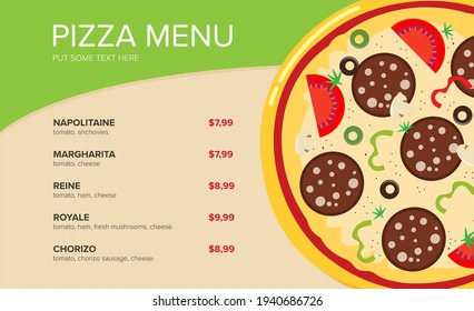 Flat style. Pizza card menu. Vector illustration.