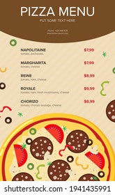 Flat style. Pizza card menu. Vector illustration.