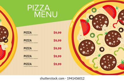 Flat style. Pizza card menu. Vector illustration.