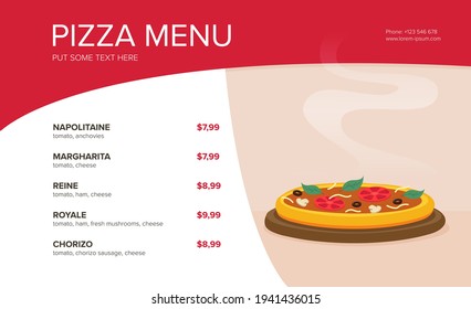 Flat style. Pizza card menu. Vector illustration.