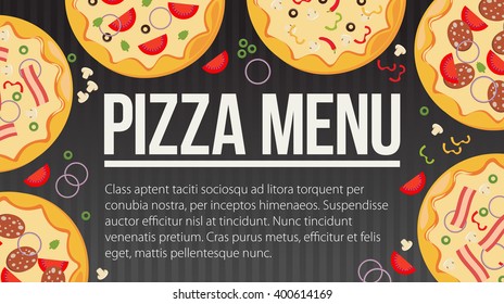 Flat style. Pizza card menu. Vector illustration.