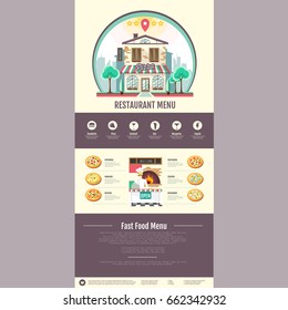 Flat style pizzeria cafe design. Web site design. Pizza menu