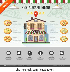 Flat style pizzeria cafe design. Web site design. Pizza menu