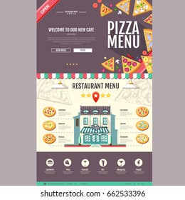 Flat style pizzeria cafe design. Web site design. Pizza menu