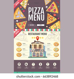 Flat style pizzeria cafe design. Web site design. Pizza menu