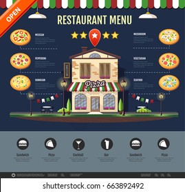 Flat style pizzeria cafe design. Web site design. Pizza menu