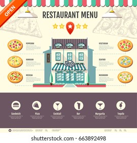 Flat style pizzeria cafe design. Web site design. Pizza menu
