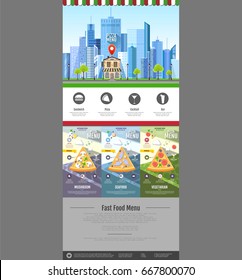 Flat style pizzeria cafe design. Web site design. Pizza menu