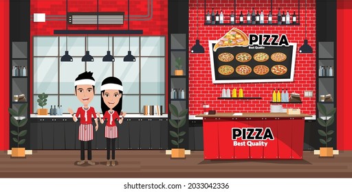 Flat style pizzeria interior. Fast food restaurant interior. Cartoon cozy interior with tables and chairs. Bright furniture for cafeteria. vector illustration.