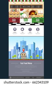 Flat style pizzeria interior. Web site design. Pizza menu