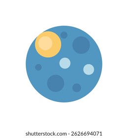 Flache Planetengrafik mit blauen Tönen, Krater und einem Sonnenelement auf weißem Hintergrund.