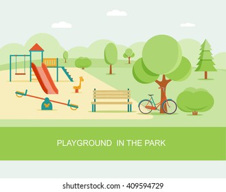 Flat style  playground in park. Children's playground with swings,  slide, bench. Trees and shrubs. Vector illustration.