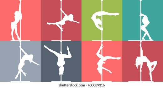 Flat style pole dance and pole fitness icons. Vector silhouettes of female pole dancers.