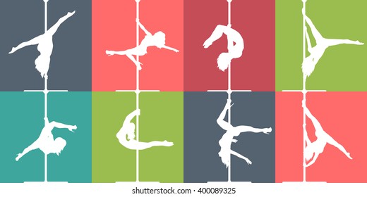 Flat style pole dance and pole fitness icons. Vector silhouettes of female pole dancers.