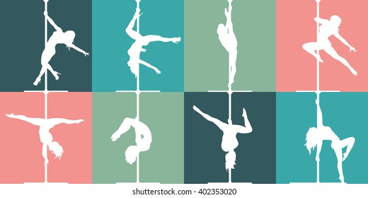 Flat style pole dance and pole fitness icons. Vector silhouettes of female pole dancers.